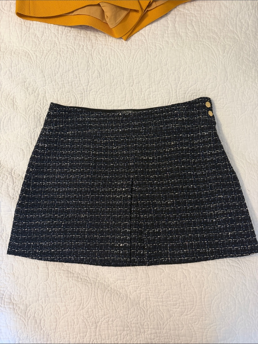 JCrew Textured Navy Tweed Mini Skirt with Gold Button Detail